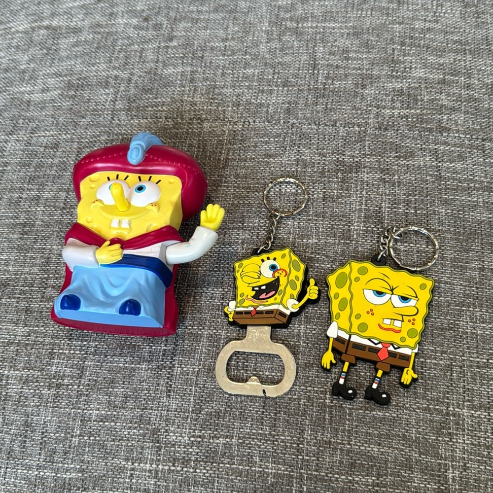 SpongeBob, miscellaneous items, keychain bottle opener and a toy.